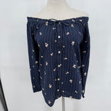 women Style & Co Off Shoulder Floral Metallic Stripe Navy Woven Top XL