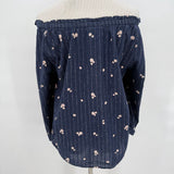 women Style & Co Off Shoulder Floral Metallic Stripe Navy Woven Top XL