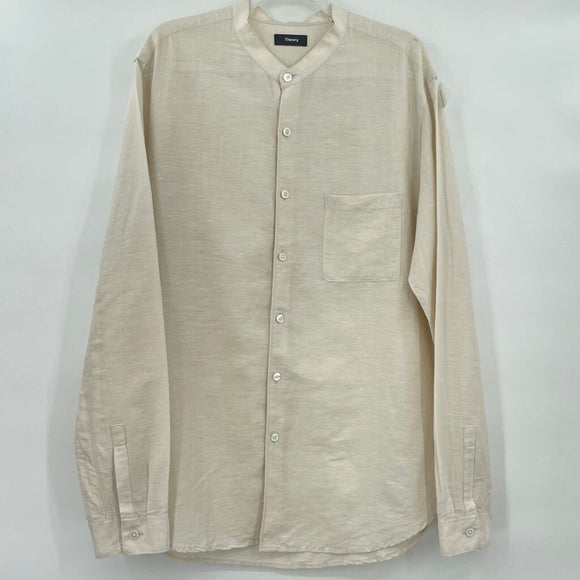 men Theory Rammy Linen Banded Collar Button Front Shirt Ivory Ramiro Woven Top L