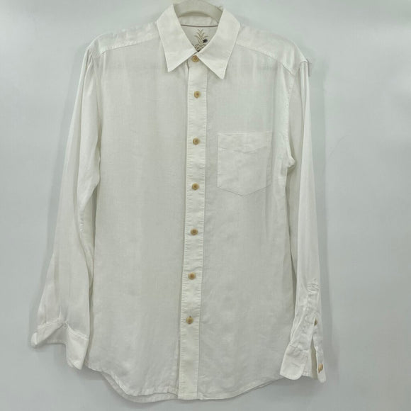 men Indigo Palms Linen Button Front White Woven Top S