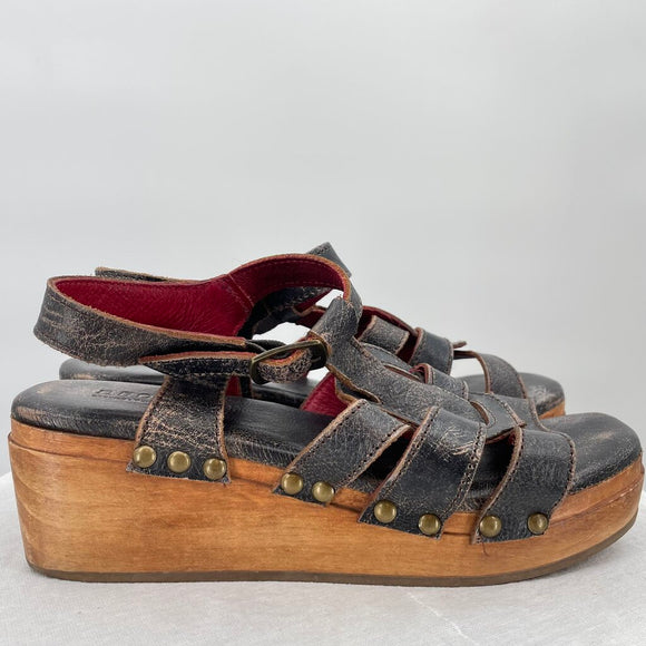 women Bed Stu Fabiola Wooden Sole Leather Sandals MSRP $190 Black Shoes 7