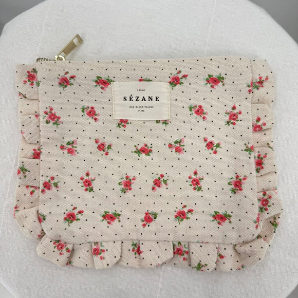women Sezane Frou Frou Ruffled Floral Pouch Cream Purse 8x6.75