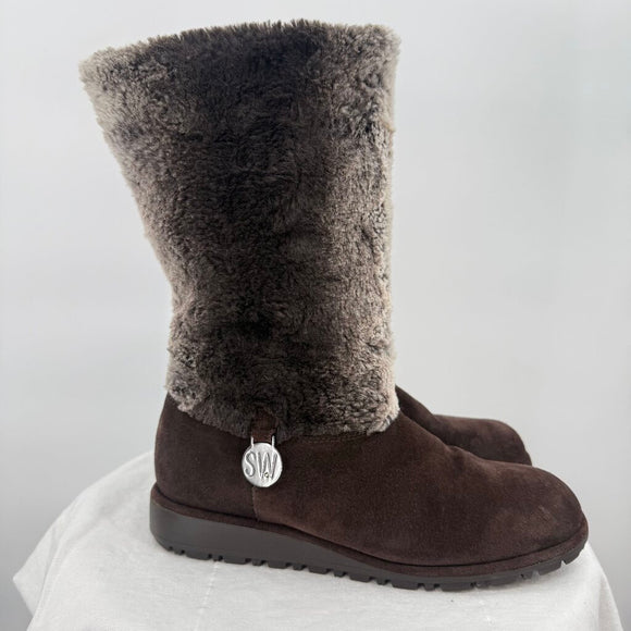 women Stuart Weitzman Faux Fur Lined Suede Mid Calf Winter Boot Dark Brown Shoes 6
