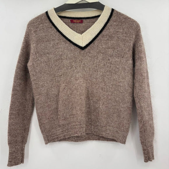 women Weaver Design Wool Blend V-Neck Tan Sweater XS