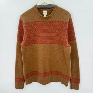 men Lands End Lambs Wool Fair Isle Pullover Brown & Red Sweater L