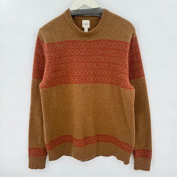 men Lands End Lambs Wool Fair Isle Pullover Brown & Red Sweater L