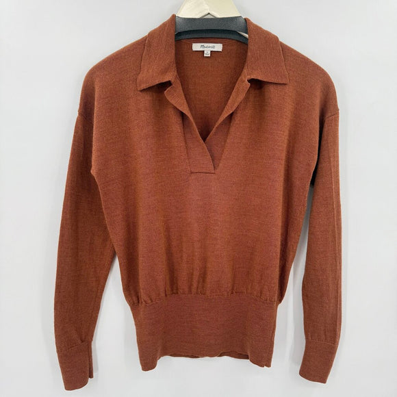 women Madewell Merino Johnny Collar Chestnut Brown Sweater S