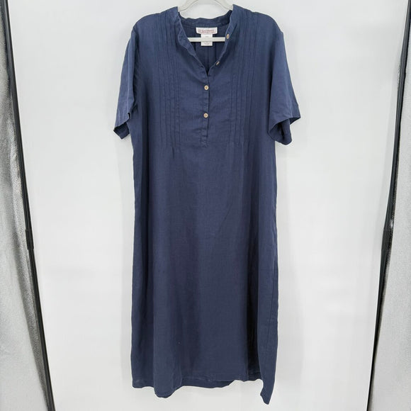 women Silhouettes Pintuck 100% Linen Navy Blue Dress 18