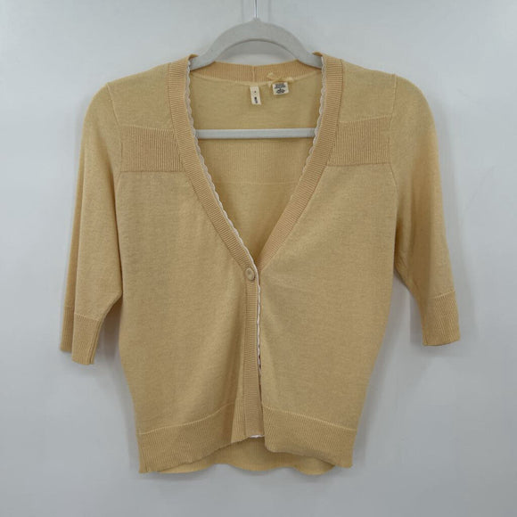 women Moth Lace Trim Wool/Cotton Cardigan Butter Yellow Sweater S