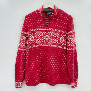 women Lands End 1/4 Zip Cotton Fair Isle Red Sweater L