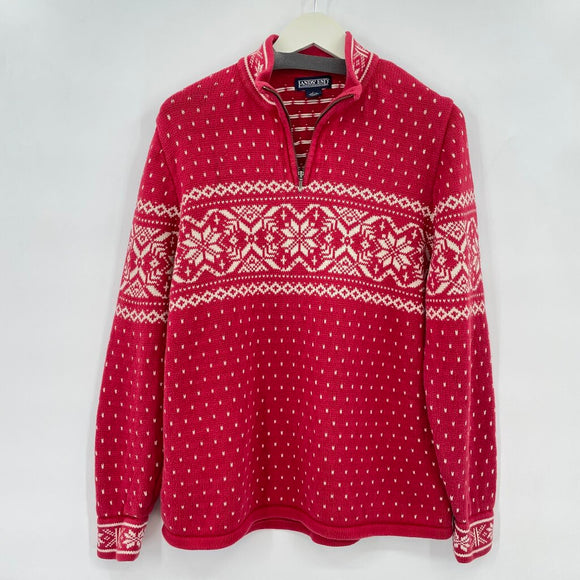 women Lands End 1/4 Zip Cotton Fair Isle Red Sweater L