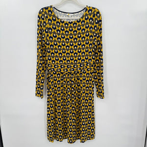 women Boden Floral Print Long Sleeve Knit Yellow and Navy Blue Dress 8R