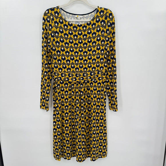 women Boden Floral Print Long Sleeve Knit Yellow and Navy Blue Dress 8R