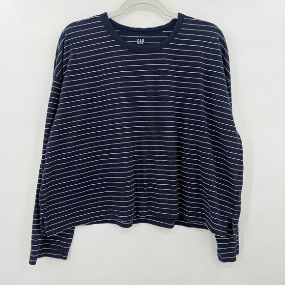 women Gap Cotton Striped Long Sleeve Navy White Knit Top L