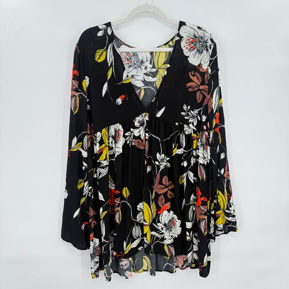 women Free People Long Sleeve Floral Tunic/Mini Black Woven Top L
