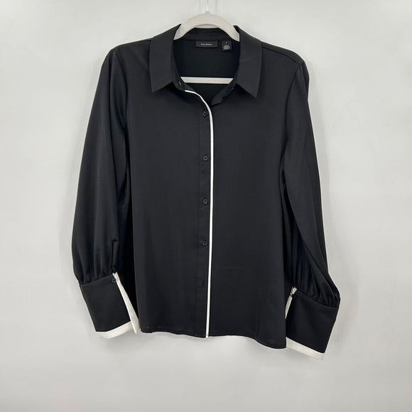 women Halogen Contrast Trim Satin Blouse Black Woven Top S