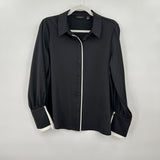 women Halogen Contrast Trim Satin Blouse Black Woven Top S