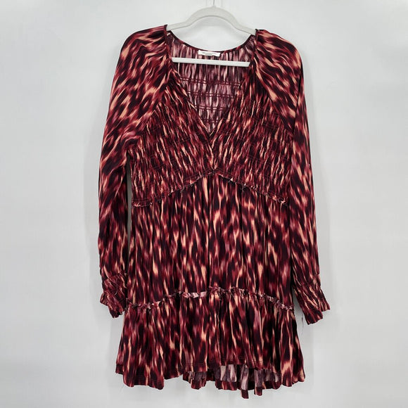 women Beachlunchlounge Long Sleeve Ikat Print Maroon/Cream Dress XL