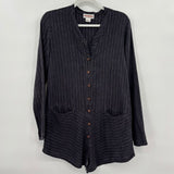 women Solitaire Pencil Stripe Linen Button Front Tunic Gray Woven Top