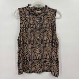 women Faherty Faith Ruffle Sleeveless Blouse in Leaf Batik MSRP $138 Gray Mustard Tan Woven Top L