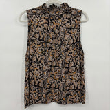 women Faherty Faith Ruffle Sleeveless Blouse in Leaf Batik MSRP $138 Gray Mustard Tan Woven Top L