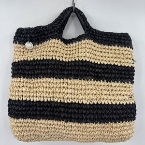 women Mersea Striped Top Handle Straw Tote Natural/Black Purse 13.5 wide 13 tall