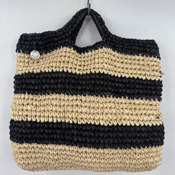 women Mersea Striped Top Handle Straw Tote Natural/Black Purse 13.5 wide 13 tall