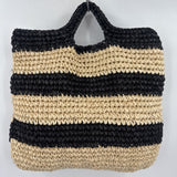 women Mersea Striped Top Handle Straw Tote Natural/Black Purse 13.5 wide 13 tall