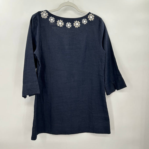 women J. Crew Linen Embroidered Tunic Navy Cream Woven Top 6