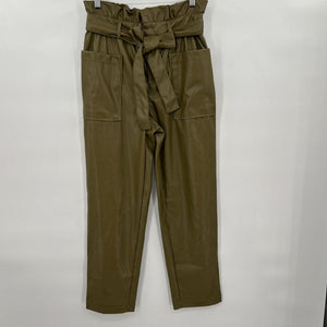 women Who What Wear NWT Vegan Leather Paperbag Trousers Olive Green Pants 2