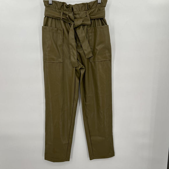 women Who What Wear NWT Vegan Leather Paperbag Trousers Olive Green Pants 2