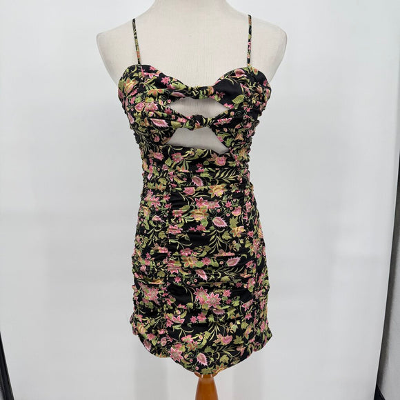 women NSR Floral Print Knot Cut Out Mini Black Dress S