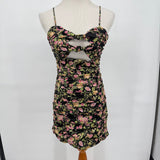 women NSR Floral Print Knot Cut Out Mini Black Dress S
