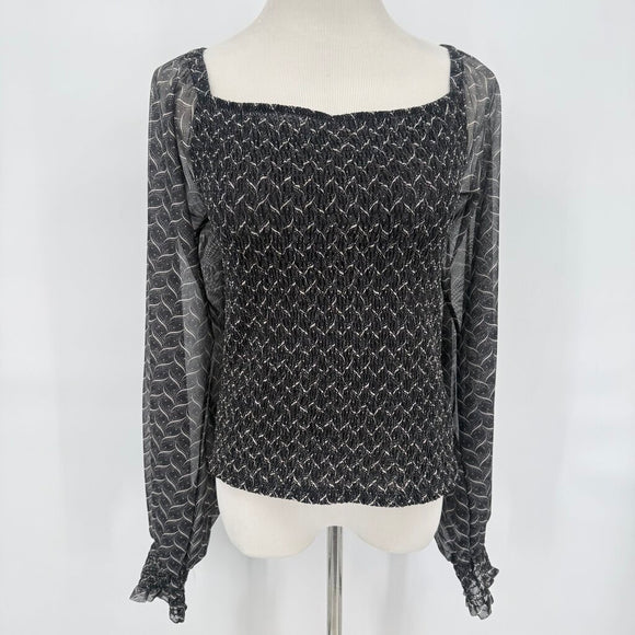 women Anthropologie Smocked Print Long Sleeve Gray Woven Top L