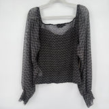 women Anthropologie Smocked Print Long Sleeve Gray Woven Top L