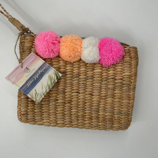 women Sea & Grass NWT Eva Handwoven Wristlet Clutch Pompom Natural/Pink Purse