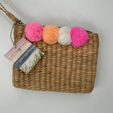 women Sea & Grass NWT Eva Handwoven Wristlet Clutch Pompom Natural/Pink Purse