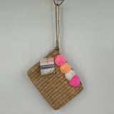 women Sea & Grass NWT Eva Handwoven Wristlet Clutch Pompom Natural/Pink Purse