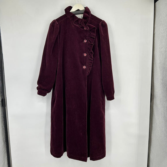 women MHI Vintage Corduory Ruffled Plum Wine Coat L
