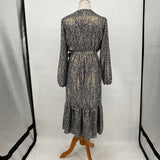 women Lauren Conrad Belted Floral Metallic Midi Black Gold Blue Dress M