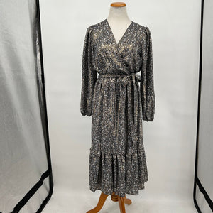 women Lauren Conrad Belted Floral Metallic Midi Black Gold Blue Dress M