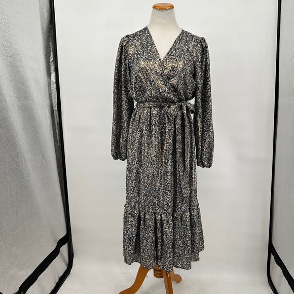 women Lauren Conrad Belted Floral Metallic Midi Black Gold Blue Dress M