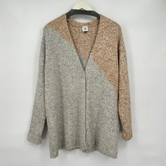 women Cabi Cotton Blend Cardigan Gray Tan Sweater L