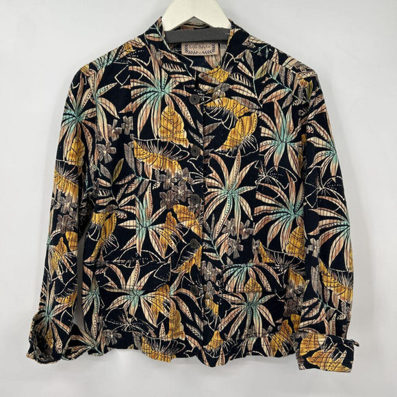 women Life Style Kantha Stitch Floral Print Navy Blue Multi Jacket L