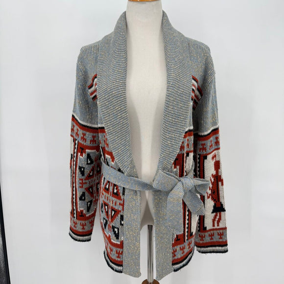 women Dimensions by Milford Vintage Aztec Belted Cardigan Gray Rust Cream Black Sweater M