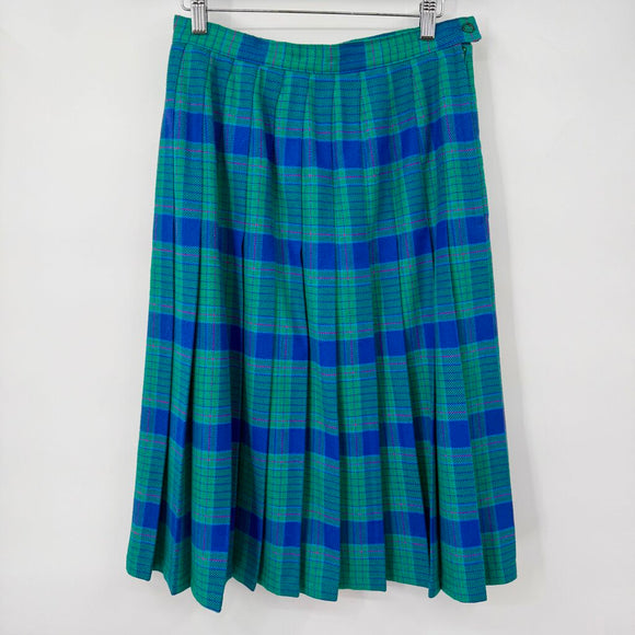 women Career Guild Vintage Wool Blend Pleated Plaid Green Blue Pink Skirt 4