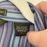 women Eddie Bauer Cotton Striped Button Front Powder Blue Lavender Woven Top L