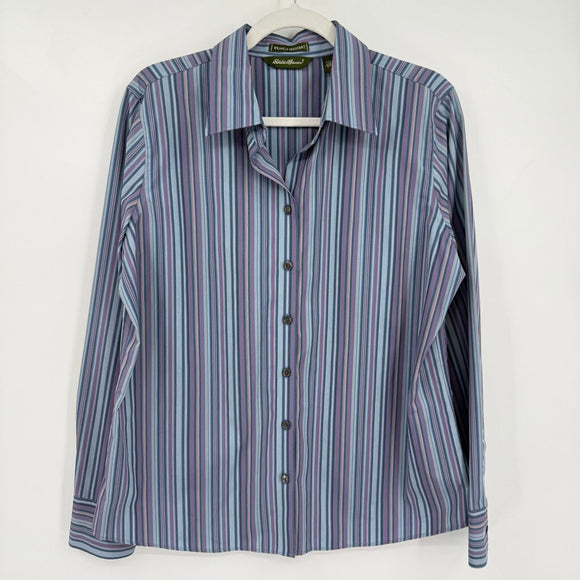 women Eddie Bauer Cotton Striped Button Front Powder Blue Lavender Woven Top L