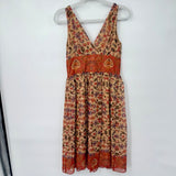 women Maggy London V-Neck Silk Floral Sleeveless Tan Rust Green Dress 4