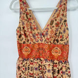 women Maggy London V-Neck Silk Floral Sleeveless Tan Rust Green Dress 4